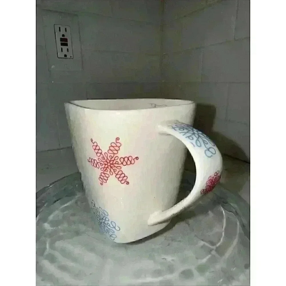 Starbucks 2005 Whimsical Holiday Square Coffee Mug Cup Snowflakes Stars 10 Oz